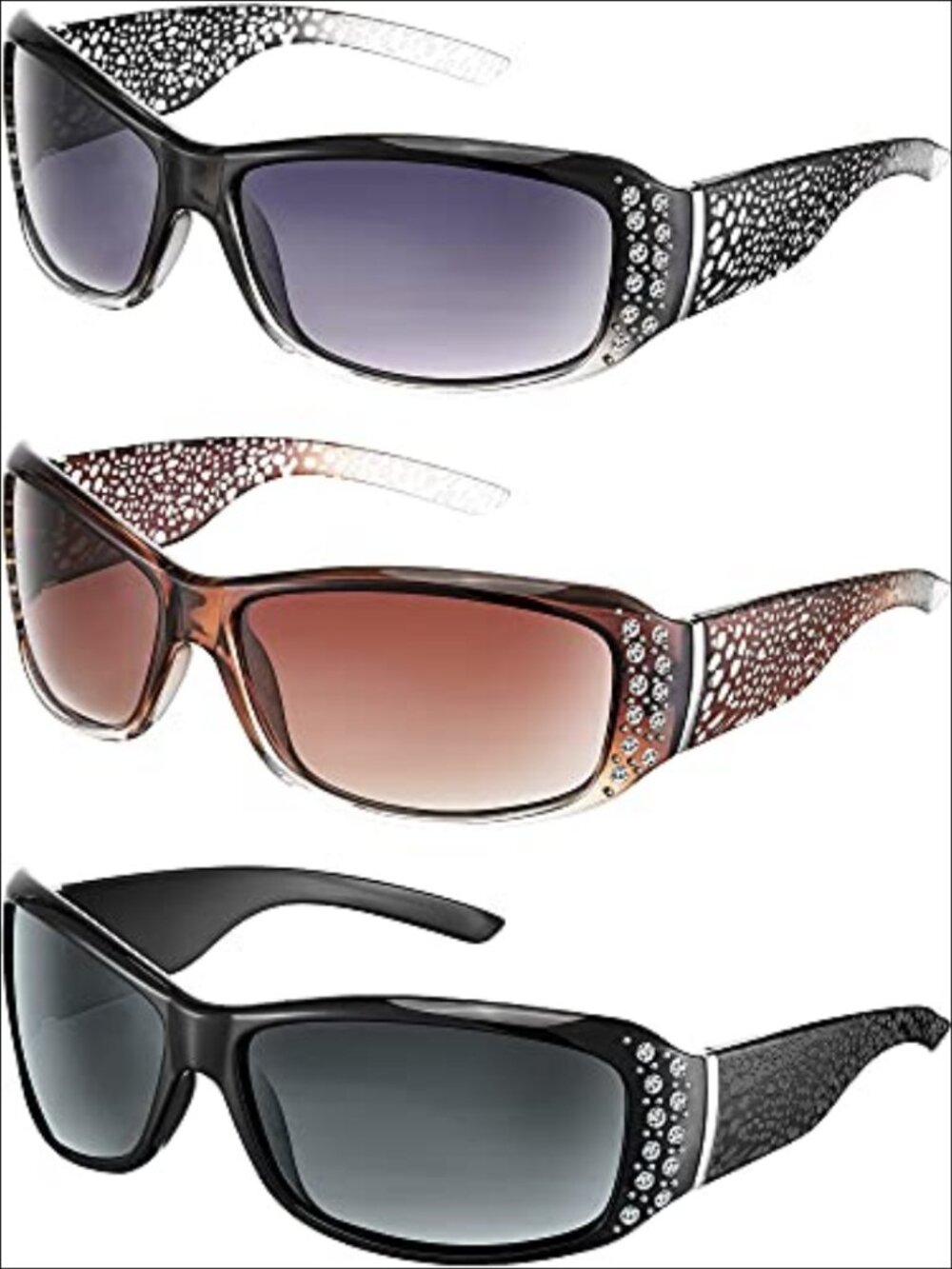 Rhinestone Wrap Around Sunglasses 3 Pairs Retro Oversized UV400 Bling
